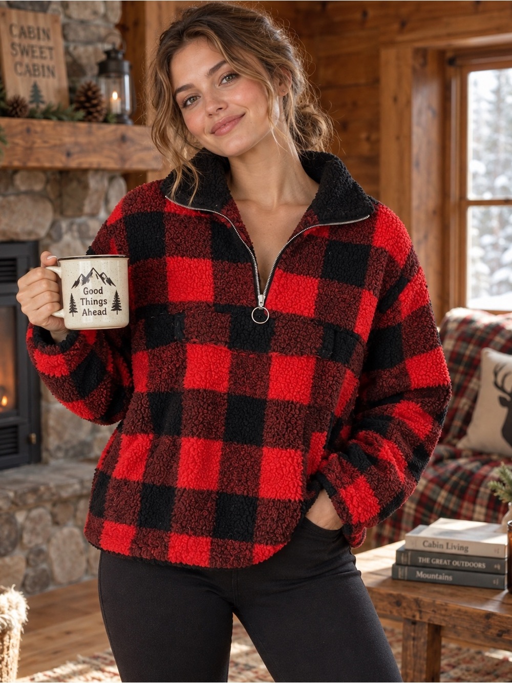 Urban Heritage Buffalo Plaid Sherpa Fleece Quarter Zip Pullover |Medium| Cozy